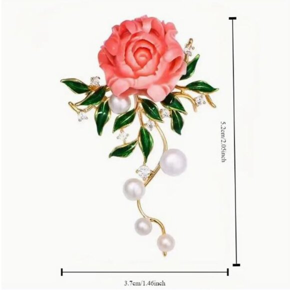 NEW Romantic Carved Pink Rose and Pearl Brooch Pin - Picture 5 of 5